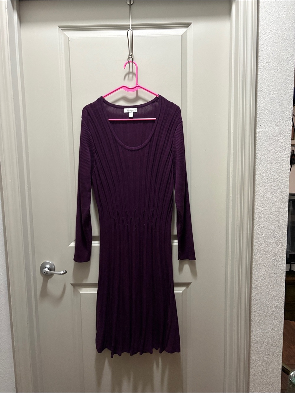 dressbarn Plum Ribbed Long-Sleeve Midi Sweater Dress